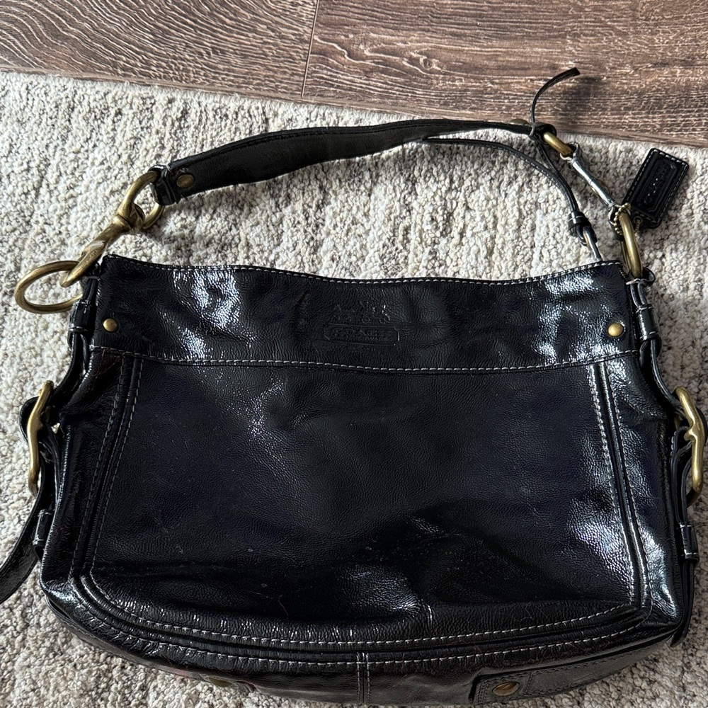 Coach Shiny Black Shoulder Bag with Gold Accents